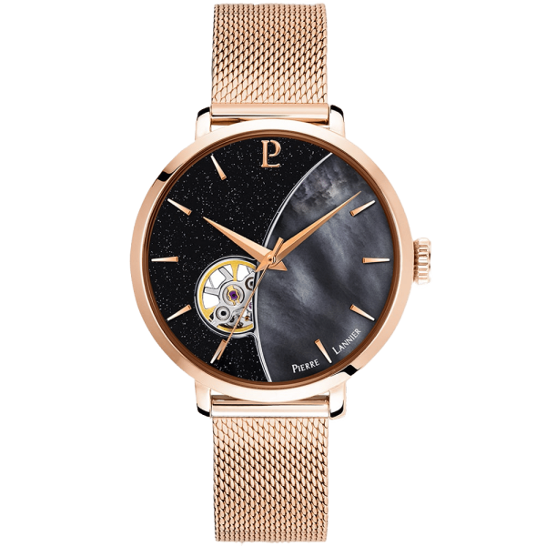 CELESTE Cadran Noir Bracelet Acier Milanais Doré-rose