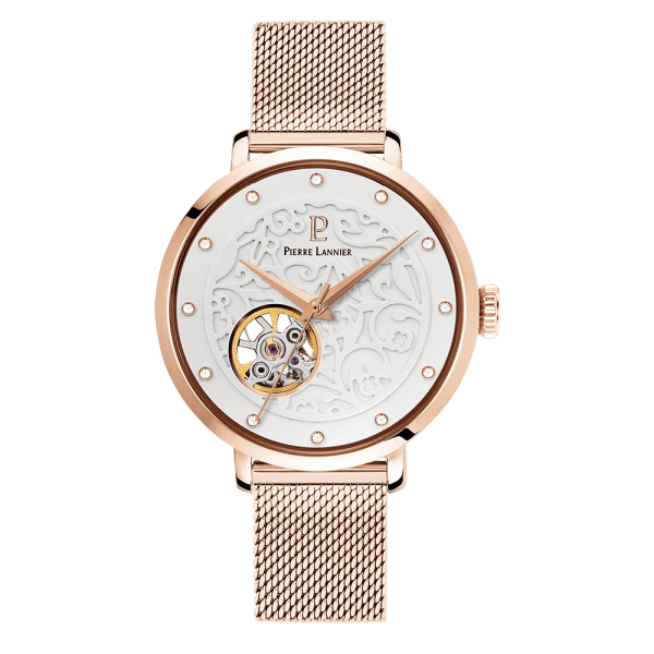 EOLIA Cadran Blanc Bracelet Acier milanais Doré rose
